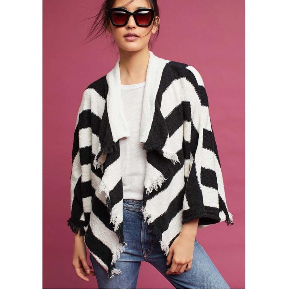Anthropologie Moth Black and White Striped Open Fringe Cardigan Sweater XS S